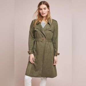$180 Anthropologie Harley Faux Suede Trench Coat in olive green, NWT L